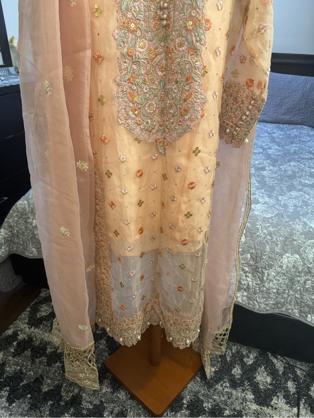 Embroidered Peach Women’s Dress with Scarf - Picture 4 of 8